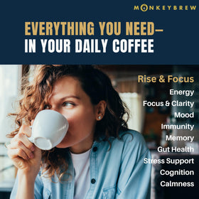 Monkey Brew Rise and Focus coffee packet on the counter for quick energy