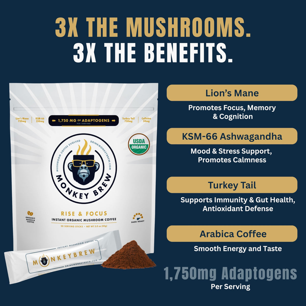 Monkey Brew Rise and Focus Lion’s Mane ingredients highlight brain focus potential for daily tasks
