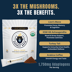 Monkey Brew Rise and Focus Lion’s Mane ingredients highlight brain focus potential for daily tasks