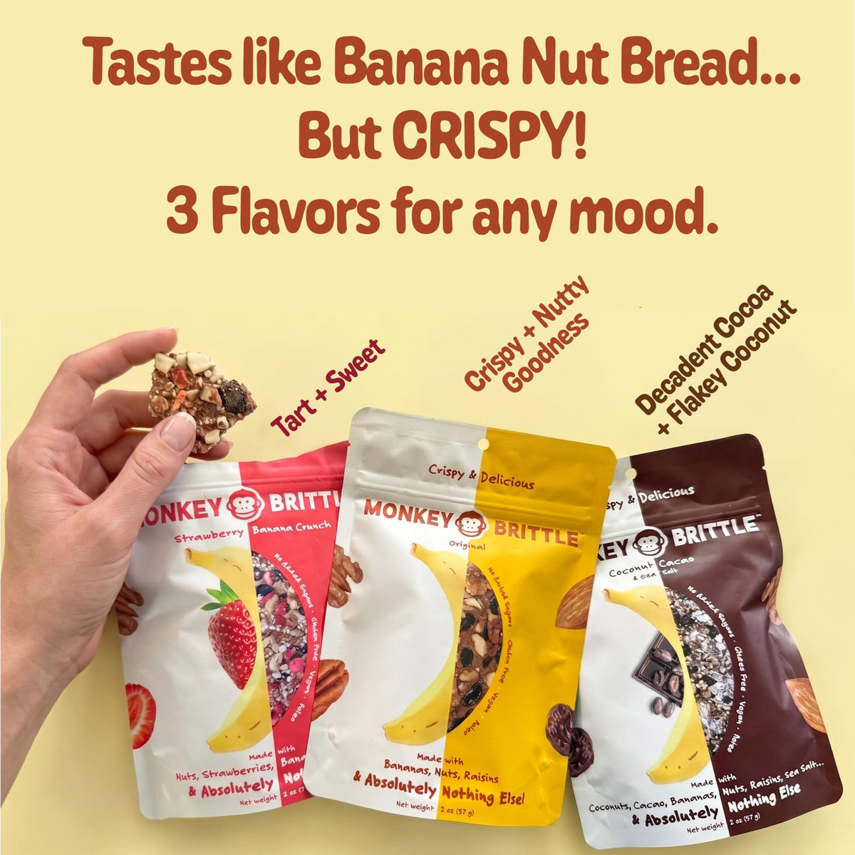 Monkey Brittle Cacao Coconut Chips, chocolatey note for on-the-go enjoyment.