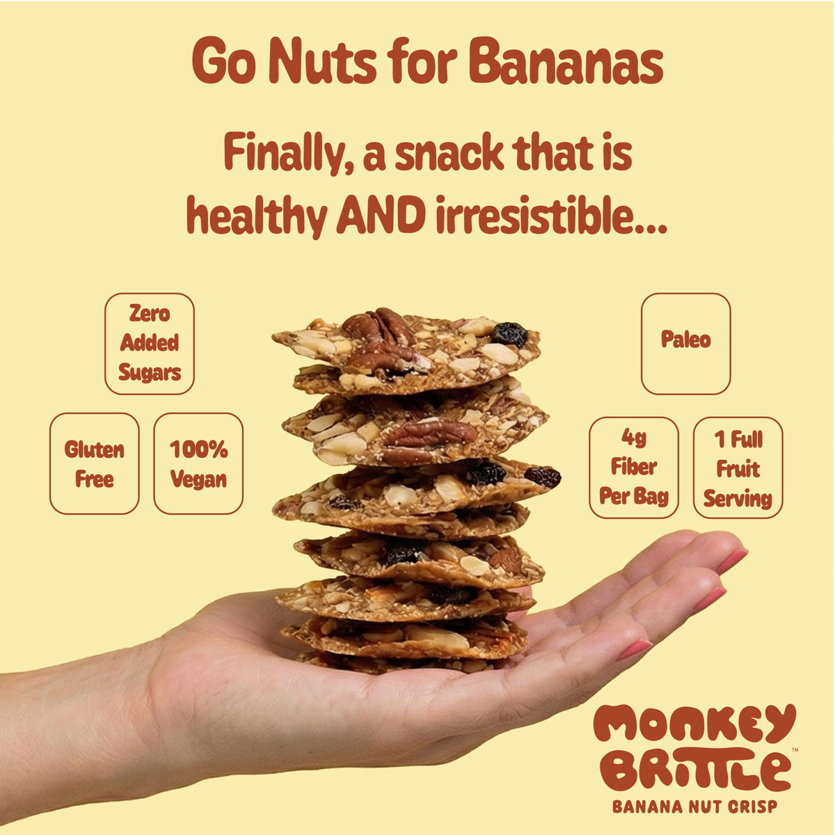 Monkey Brittle cacao coconut crisp: crispy, rich flavor for on-the-go energy.
