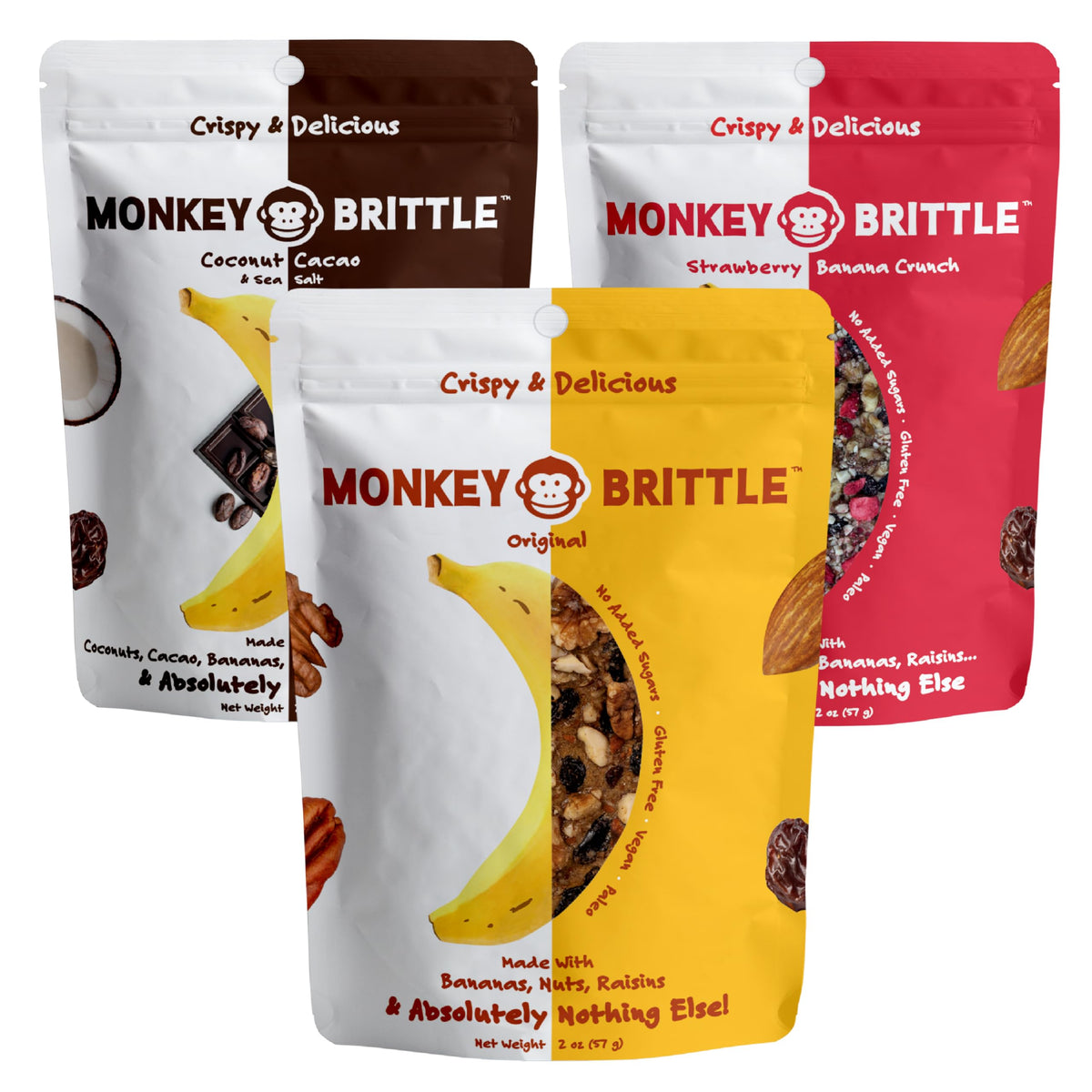 Monkey Brittle Original banana bites: wholesome plant-based school snack.
