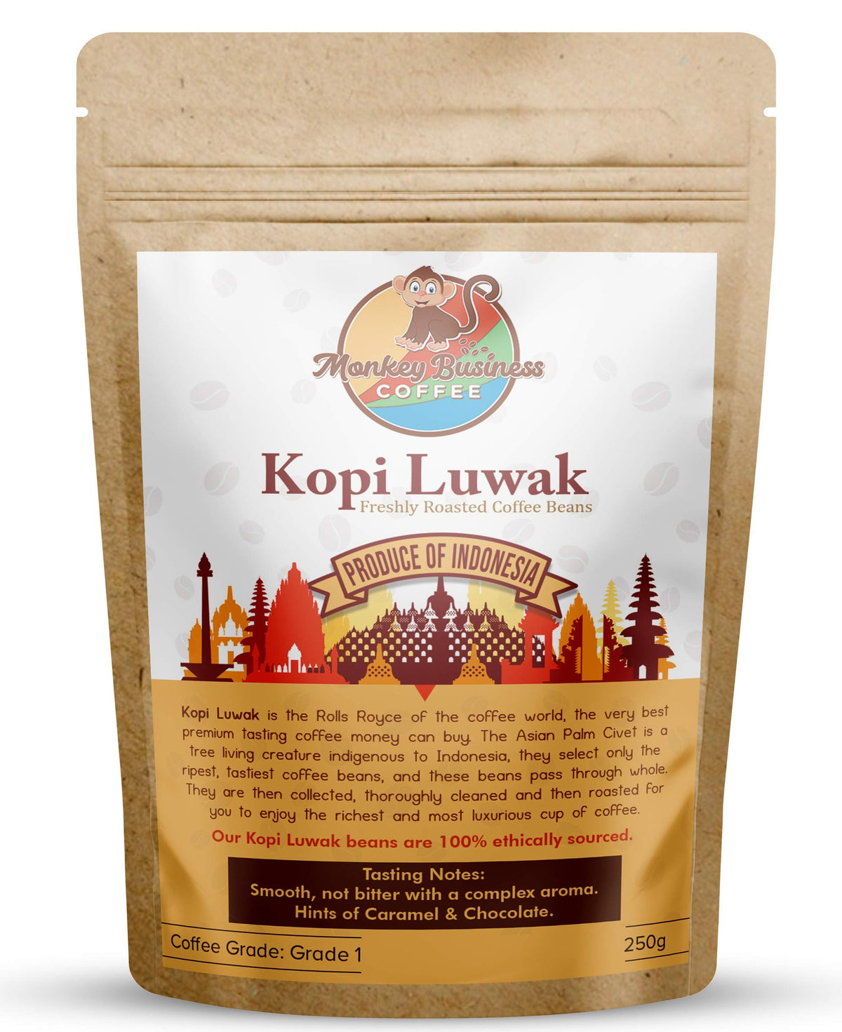 Monkey Business Coffee Kopi Luwak whole beans for premium aroma and versatile brewing