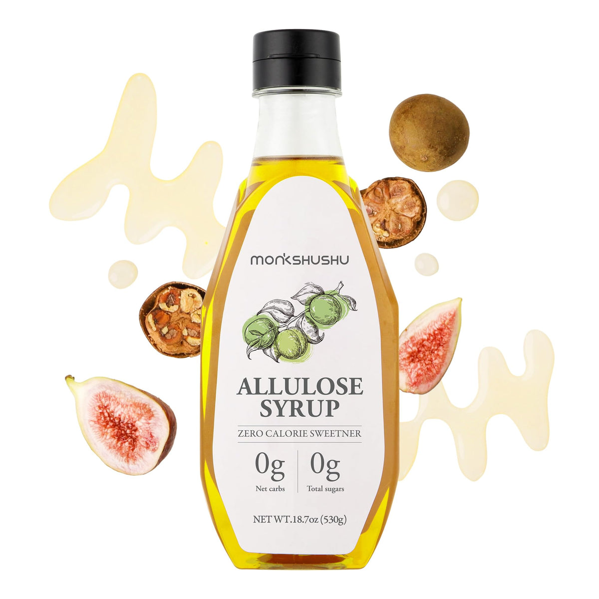 MONKSHUSHU Allulose Syrup bottle showing zero calorie sweetness for keto cooking