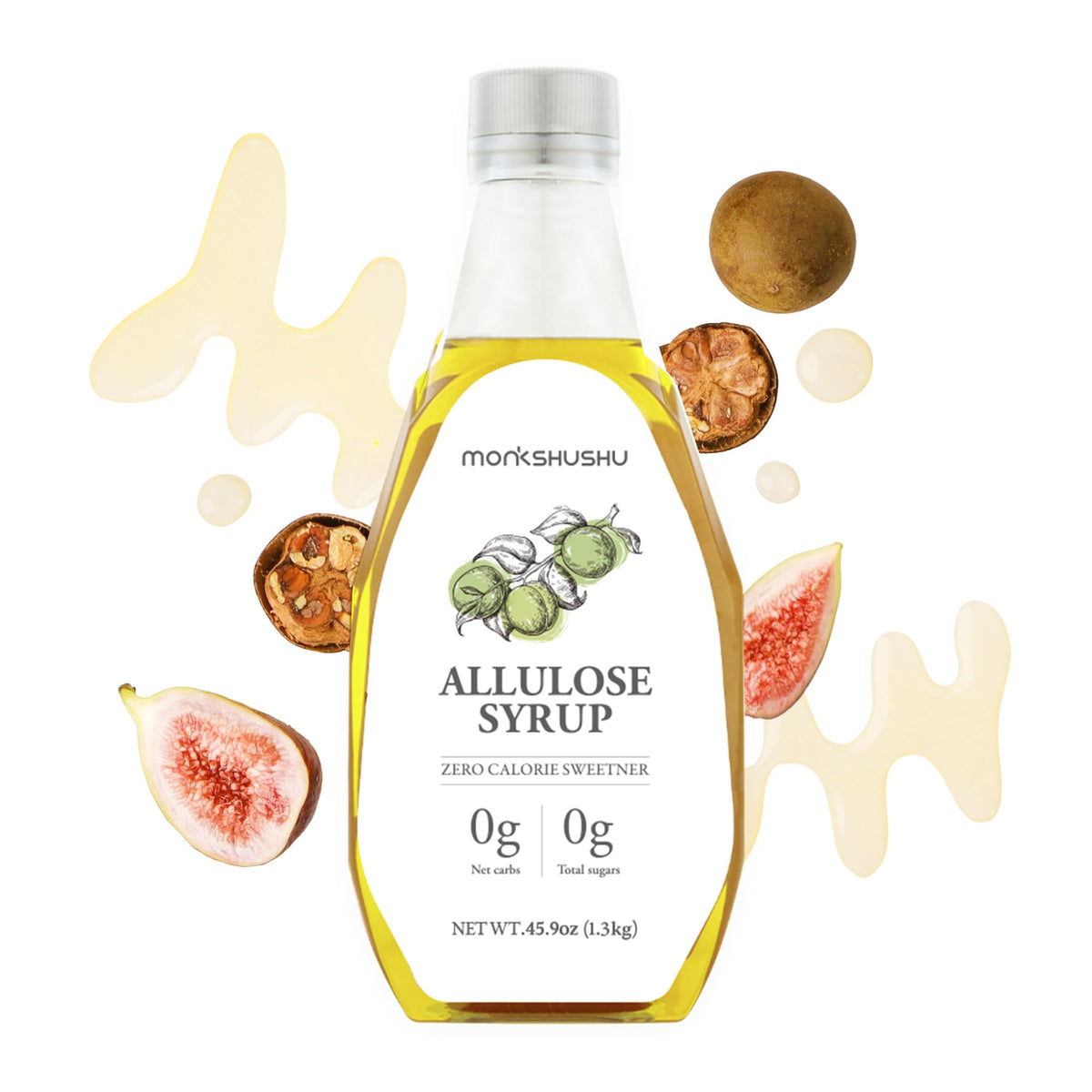 MONKSHUSHU Allulose Syrup bottle showing sugar like sweetness with zero calories