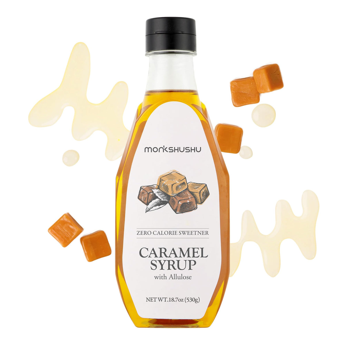 MONKSHUSHU Caramel Allulose Syrup bottle pour shows zero calories and keto-friendly sweetness
