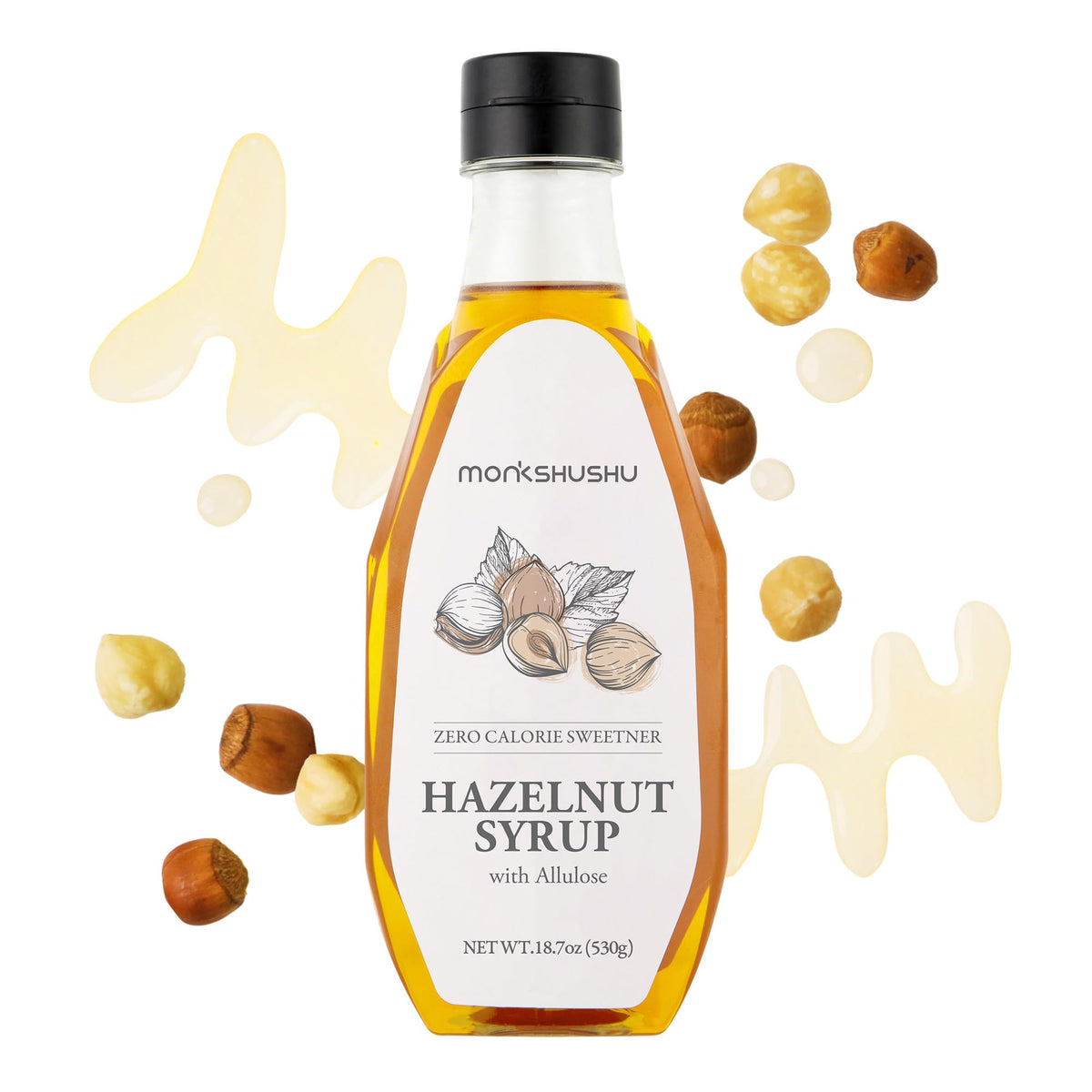 MONKSHUSHU Hazelnut Allulose Syrup bottle ready to flavor beverages with zero calories