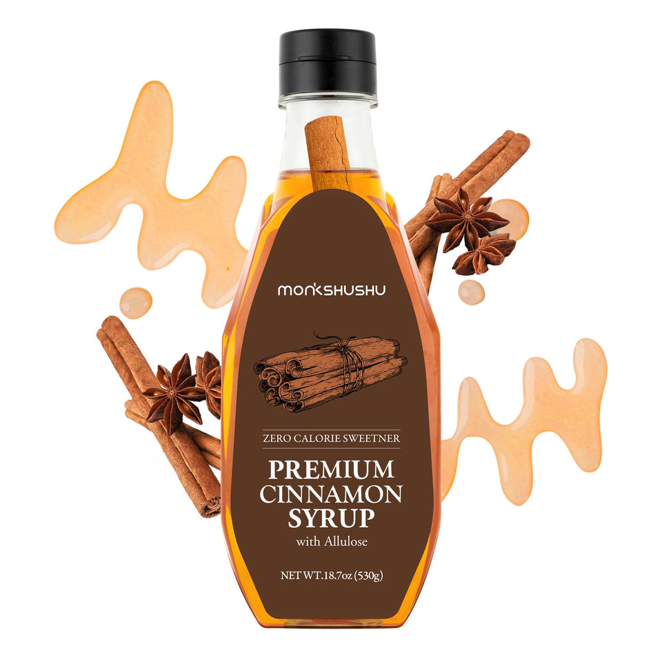 MONKSHUSHU Premium Cinnamon Allulose Syrup bottle showcases zero-calorie sweetness for keto-friendly beverages.