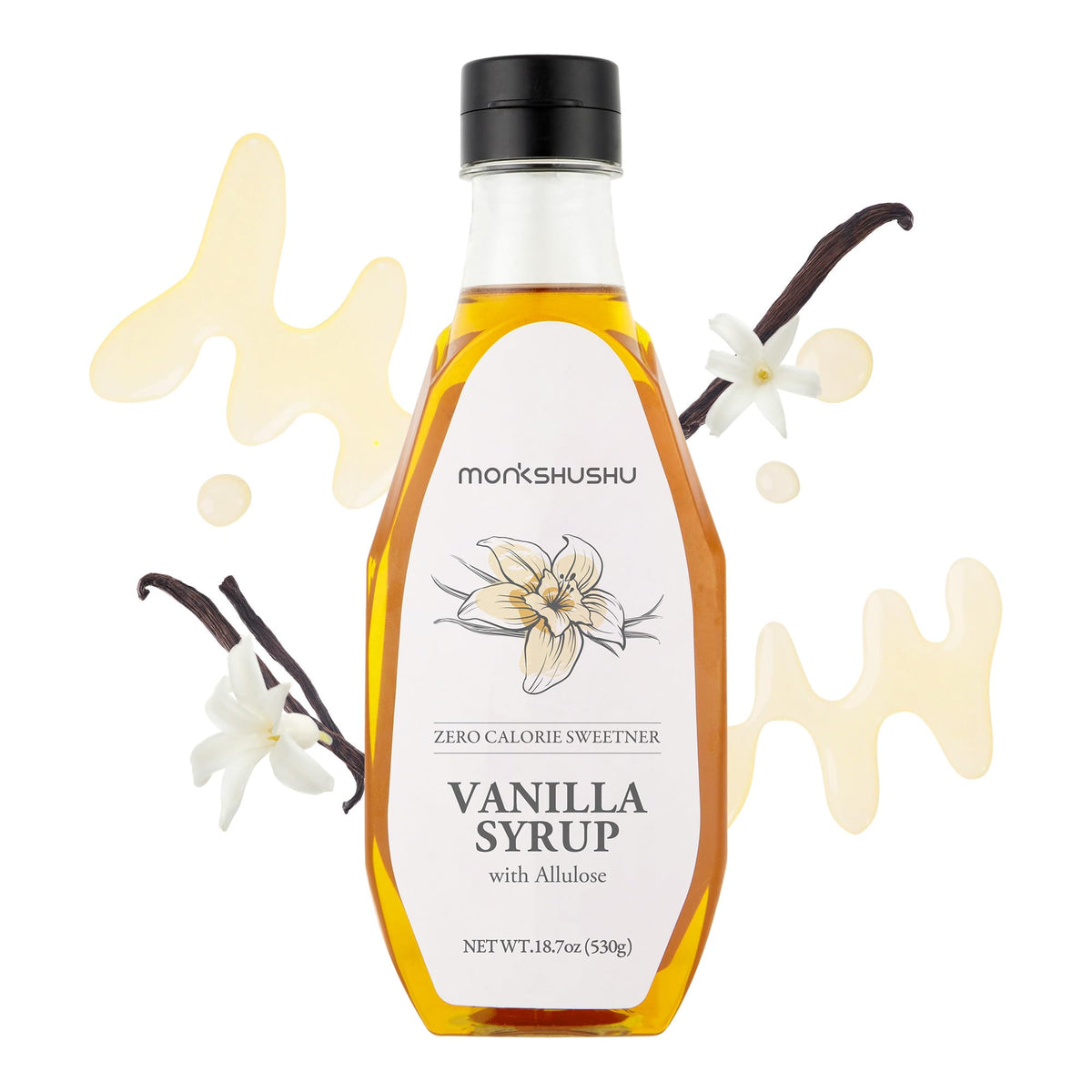 MONKSHUSHU Vanilla Allulose Syrup bottle adds zero-calorie vanilla sweetness to coffee.