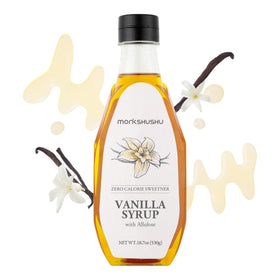 MONKSHUSHU Vanilla Allulose Syrup bottle adds zero-calorie vanilla sweetness to coffee.