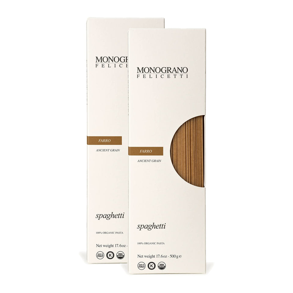 Monograno Felicetti farro spaghetti pack showing two 500g boxes for easy Italian meals.