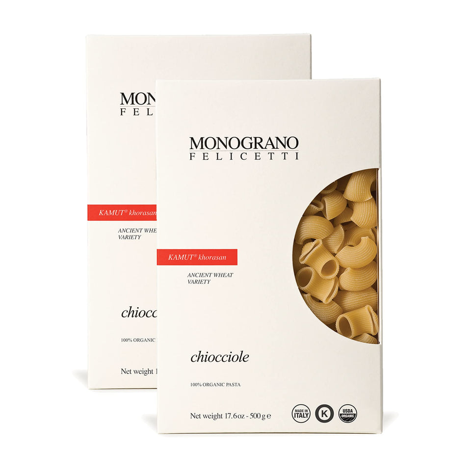 Monograno Felicetti Kamut Chiocciole pasta pack shot, premium organic grain for flavorful meals.