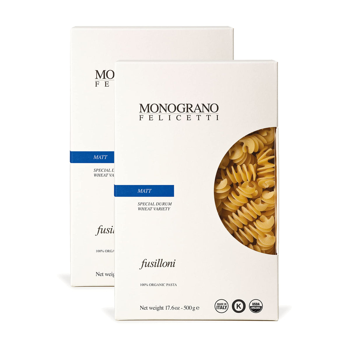 Monograno Felicetti Matt Fusilloni pasta 2-pack 500g on shelf, convenient pantry staple.