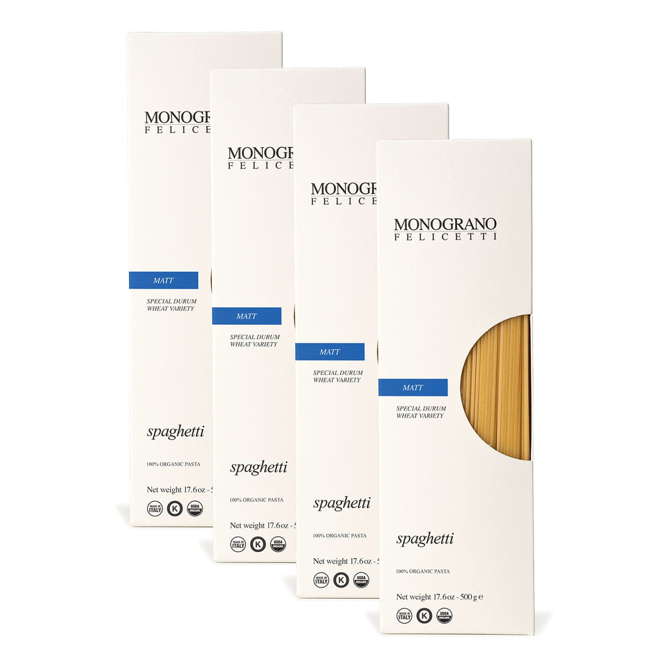 Monograno Felicetti Matt Spaghetti Pack showcasing premium durum wheat for authentic al dente results
