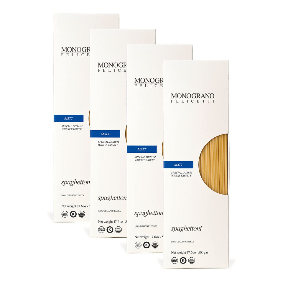 Monograno Felicetti Matt Spaghettoni packaging showing premium Italian durum wheat.