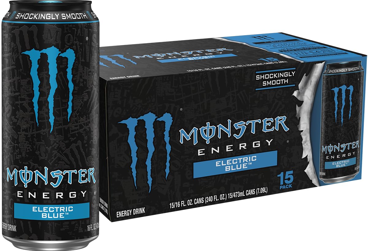 Monster Energy Electric Blue can front with bold color for a quick pick-me-up.