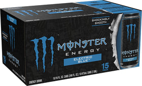 Close view of Monster Energy Electric Blue can side highlighting the smooth blue raspberry flavor.