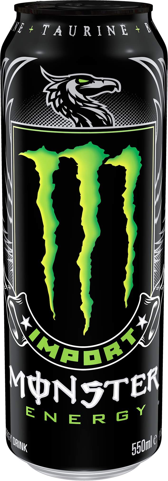 Monster Energy Import nutrition panel highlights 90 calories per serving and euro-inspired flavor.