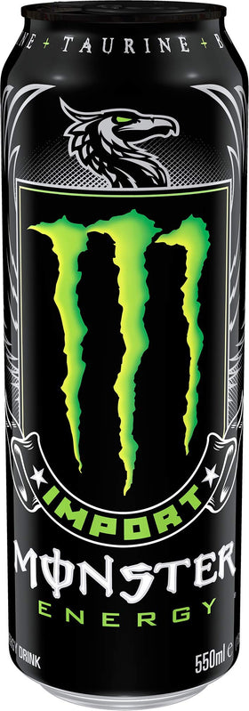 Monster Energy Import nutrition panel highlights 90 calories per serving and euro-inspired flavor.