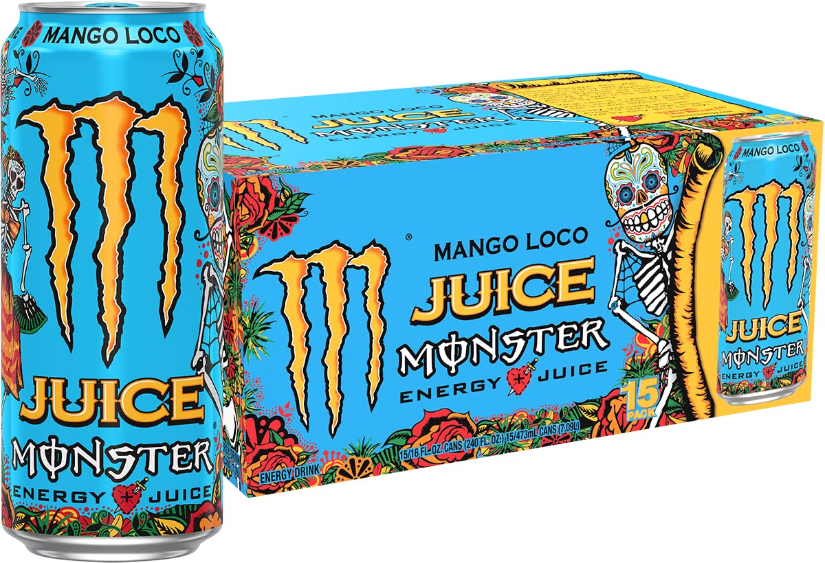 Monster Mango Loco bottle poured, showcasing bold energy for celebrations.