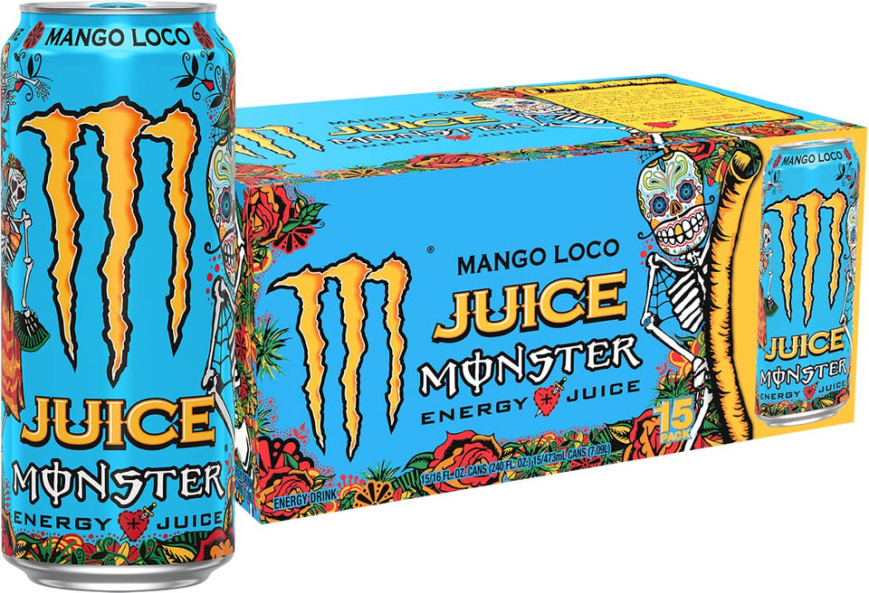 Monster Mango Loco bottle poured, showcasing bold energy for celebrations.