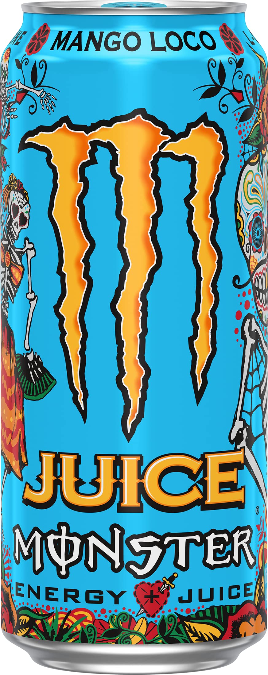 Monster Mango Loco can side view, refreshing mango flavor on the go.