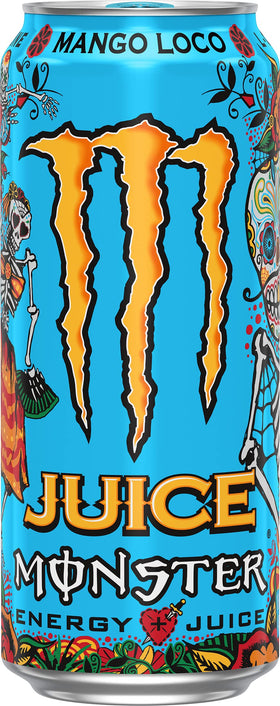Monster Mango Loco can side view, refreshing mango flavor on the go.