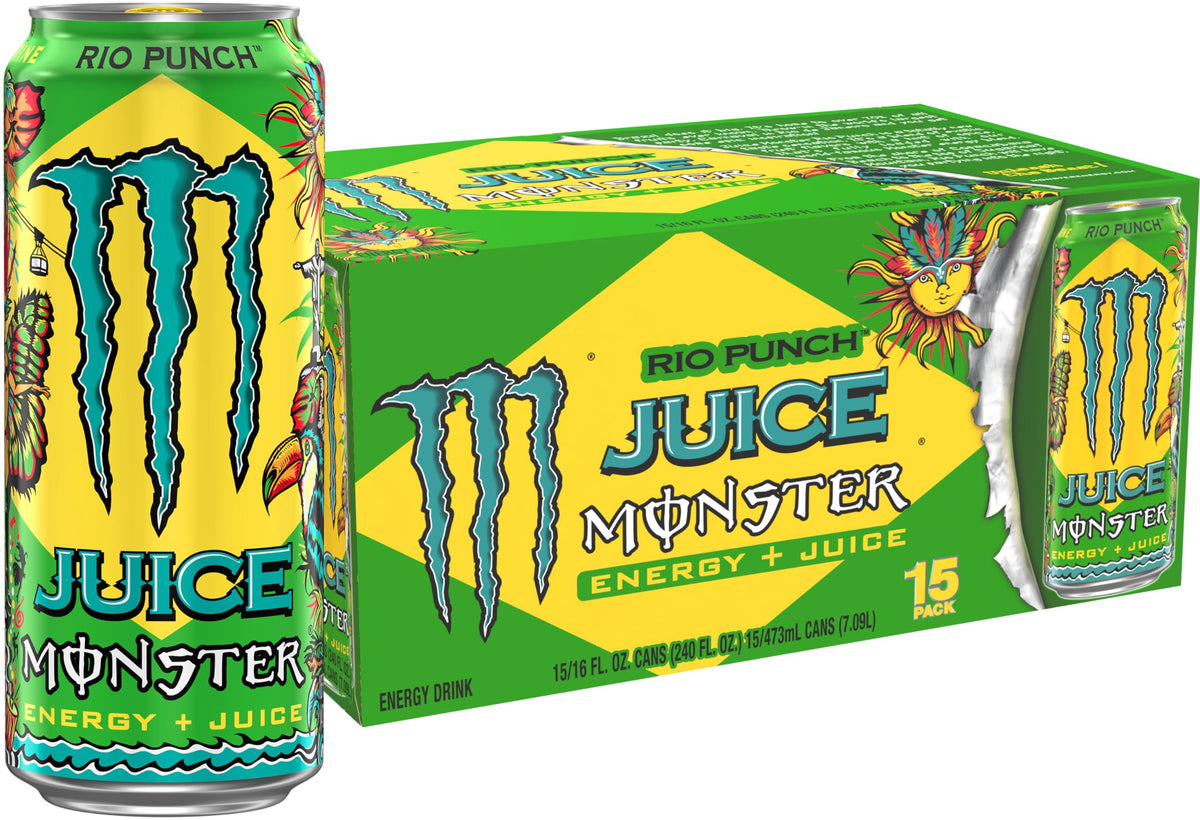 Monster Energy Juice Rio Punch can front shows bold flavor and energy boost potential.