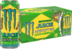 Monster Energy Juice Rio Punch can front shows bold flavor and energy boost potential.
