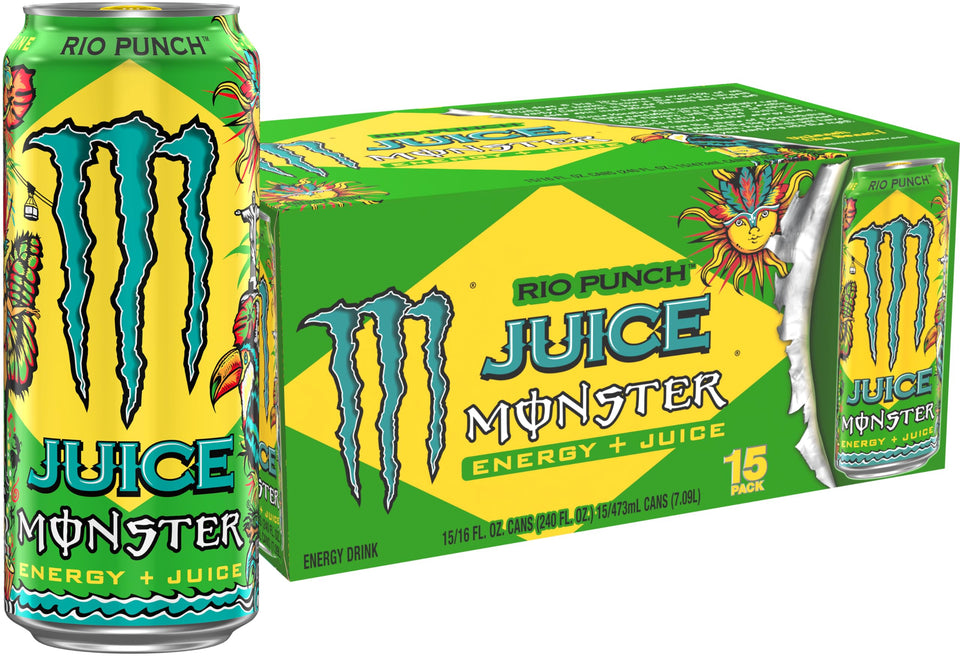 Monster Energy Juice Rio Punch can front shows bold flavor and energy boost potential.