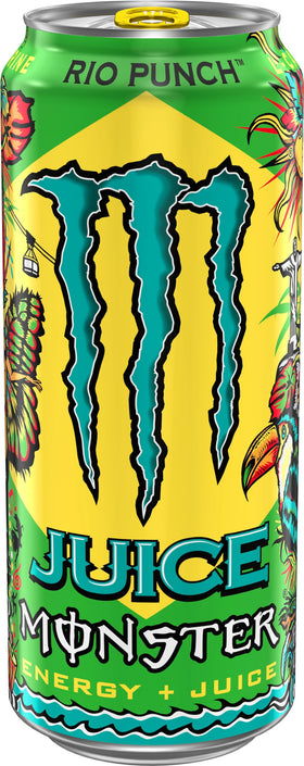 Monster Energy Rio Punch pouring into glass suggests quick refreshment and on-the-go energy.
