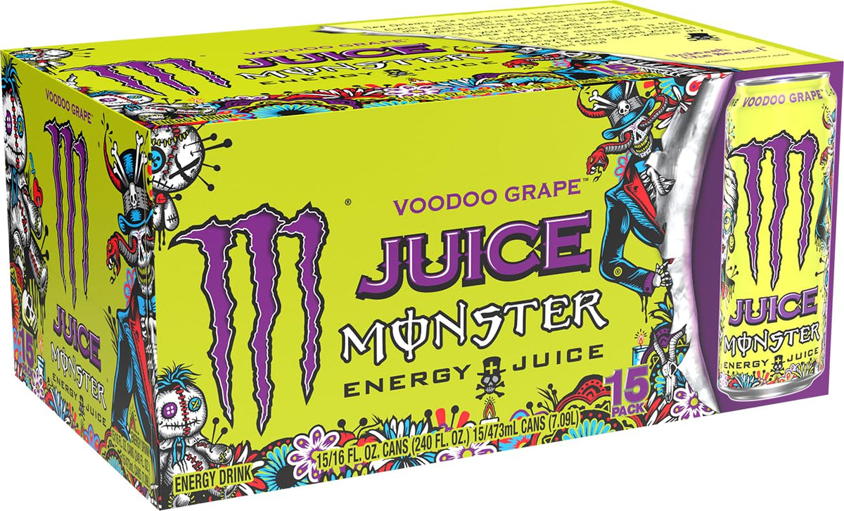 Monster Energy Juice Voodoo Grape bottle closeup highlights real grape flavor.