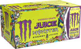 Monster Energy Juice Voodoo Grape bottle closeup highlights real grape flavor.