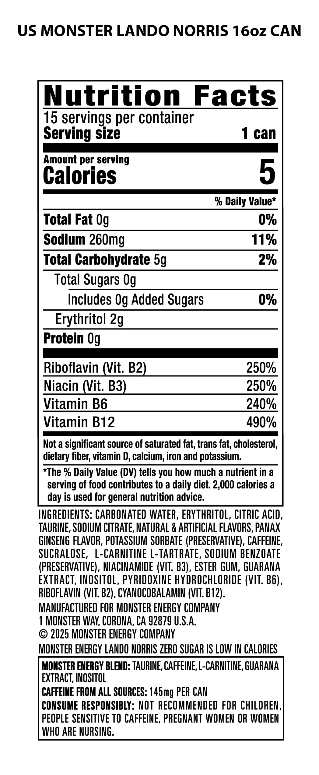 Monster Energy Lando Norris Zero Sugar pack of 15 cans for on-the-go fueling