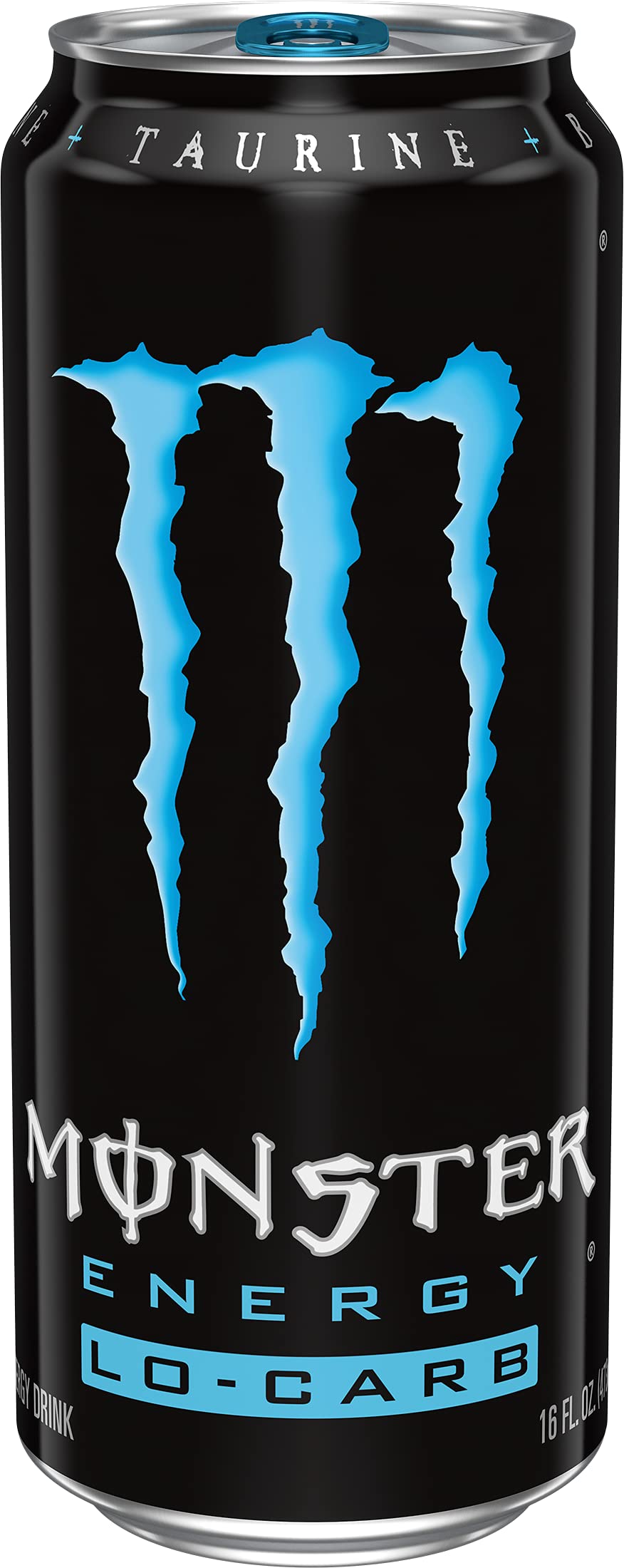Close-up of Monster Lo-Carb can label, highlighting the low-calorie energy option