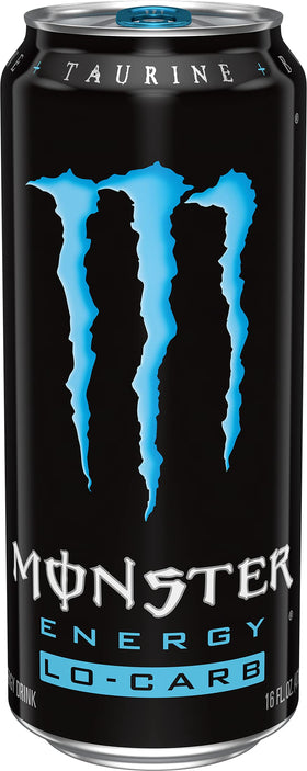 Close-up of Monster Lo-Carb can label, highlighting the low-calorie energy option