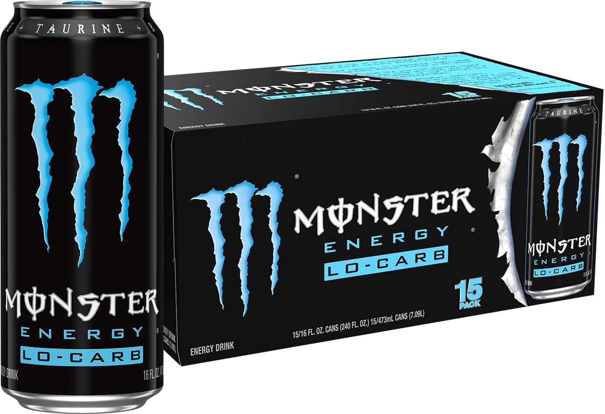 Monster Lo-Carb can being poured, ideal for quick workout energy on the go