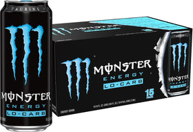 Monster Lo-Carb can being poured, ideal for quick workout energy on the go