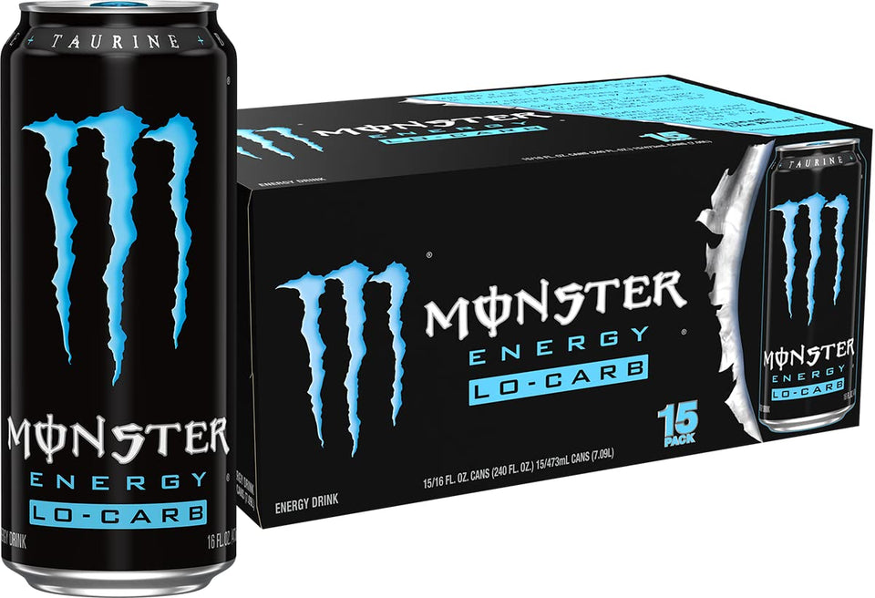 Monster Lo-Carb can being poured, ideal for quick workout energy on the go