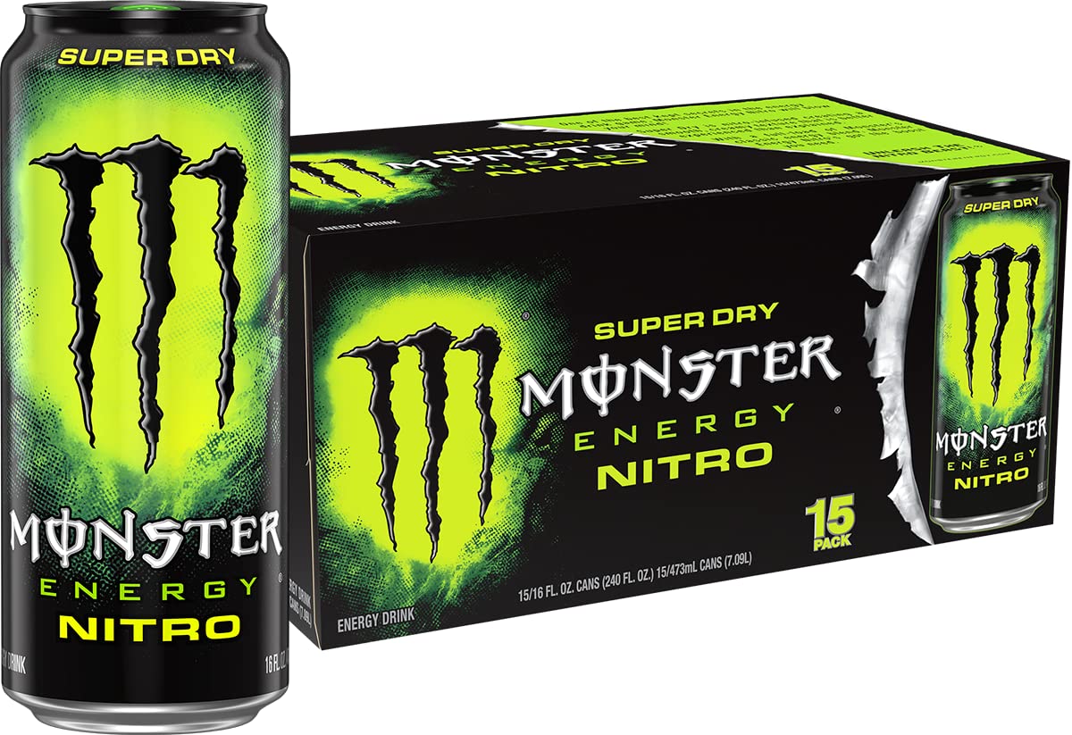 Monster Energy Nitro Super Dry can front view highlighting citrus flavor and energy boost