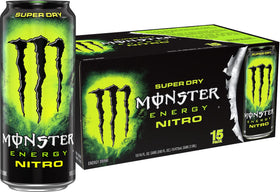 Monster Energy Nitro Super Dry can front view highlighting citrus flavor and energy boost