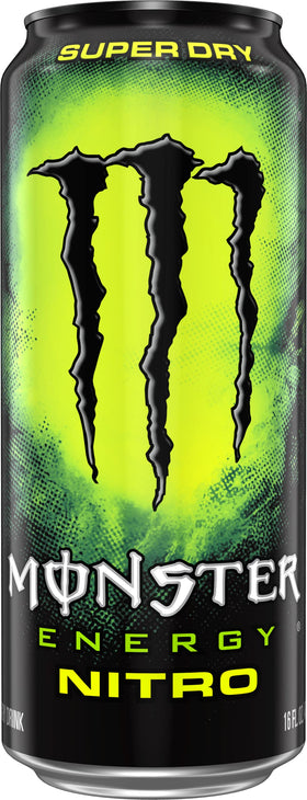 Monster Energy Nitro Super Dry can side-label showing ingredients for quick brand recognition