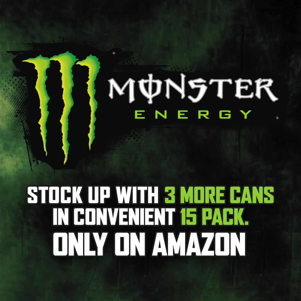 Close-up of the Monster label emphasizing original green flavor and caffeine content