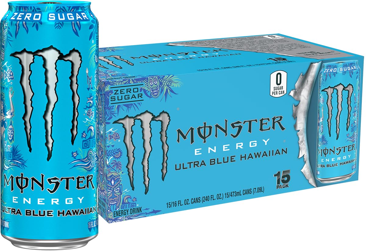 Monster Energy Ultra Blue Hawaiian bottle pour — zero sugar and tropical flavor for active days.