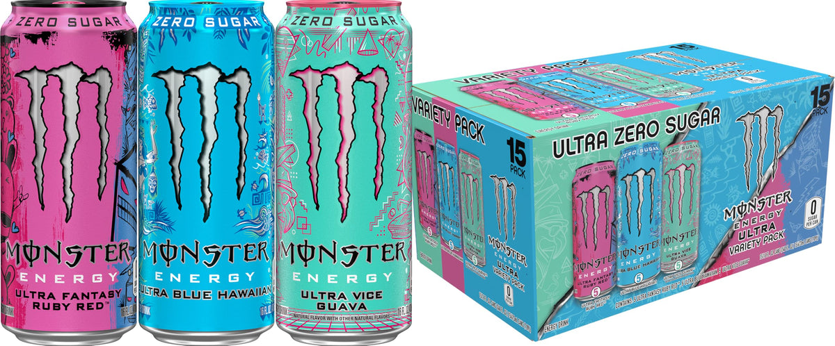 Monster Energy Ultra Blue Hawaiian can for zero-sugar refreshment during workouts.
