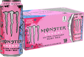 Monster Ultra Fantasy Ruby Red bottle front with crisp citrus flavor and zero sugar.