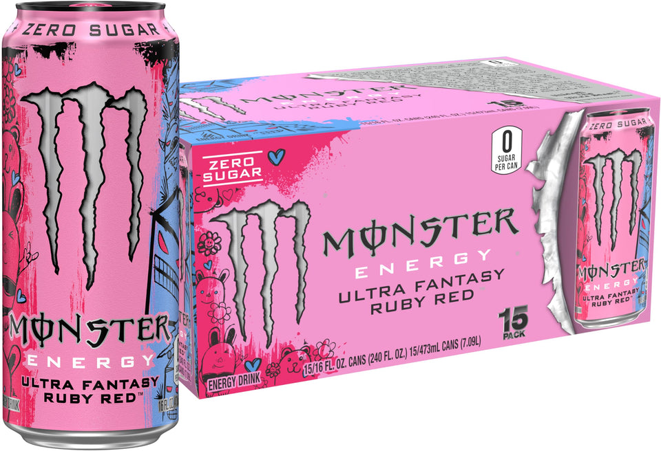 Monster Ultra Fantasy Ruby Red bottle front with crisp citrus flavor and zero sugar.