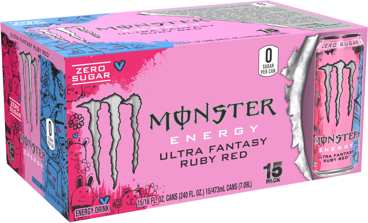 Monster Ultra Fantasy Ruby Red can side shows bold branding and refreshing taste.