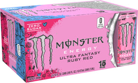 Monster Ultra Fantasy Ruby Red can side shows bold branding and refreshing taste.