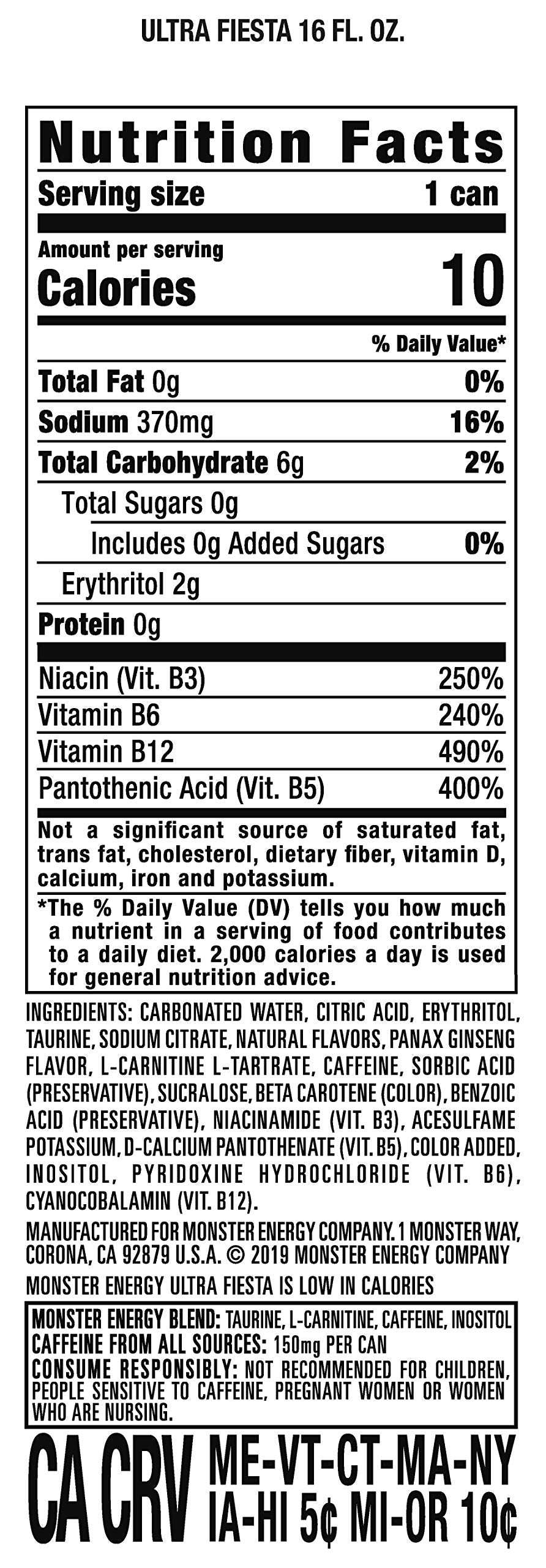 Monster Energy Ultra Fiesta Mango back nutrition panel showing calories and energy blend.